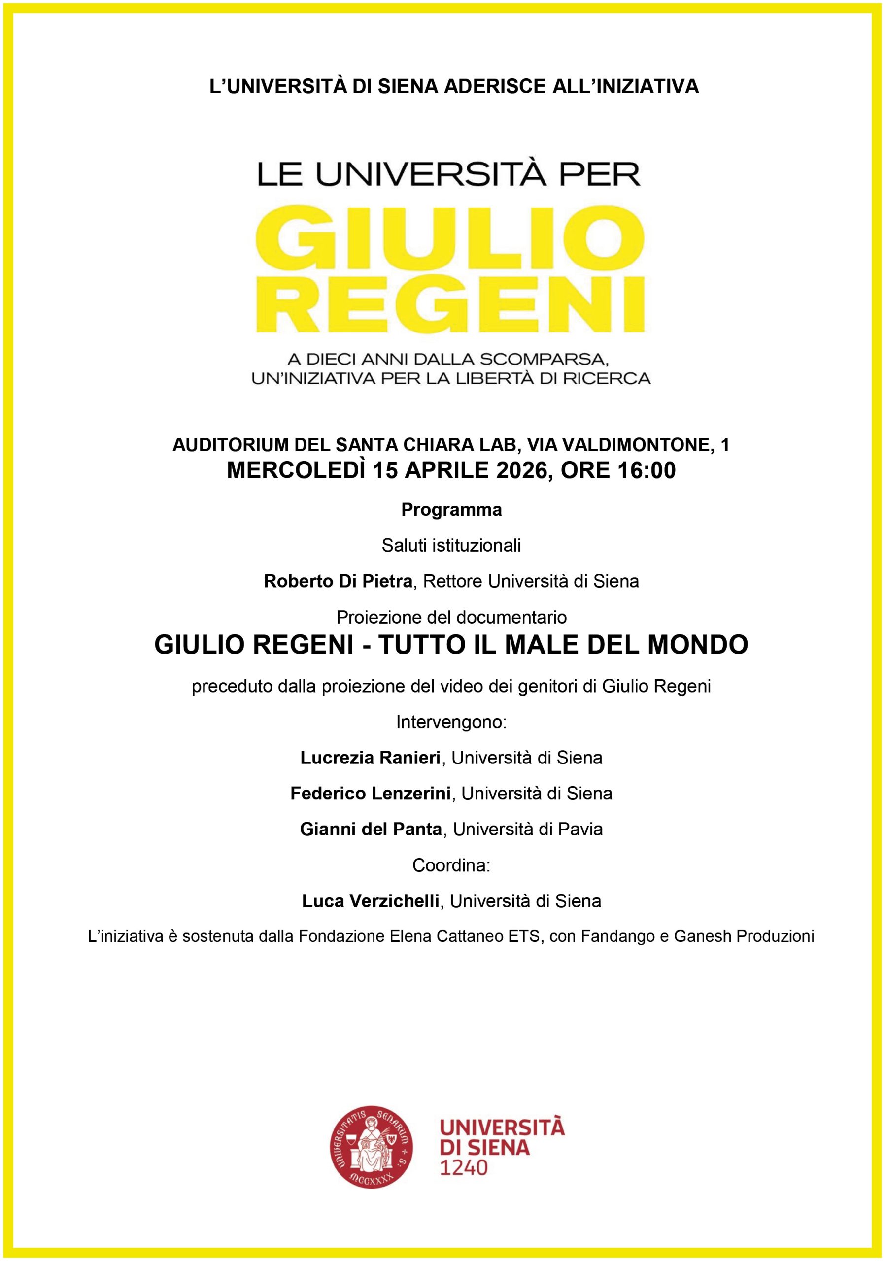 L’Università di Siena e l’Università per Stranieri di Siena aderiscono all’iniziativa “Le Università per Giulio Regeni”