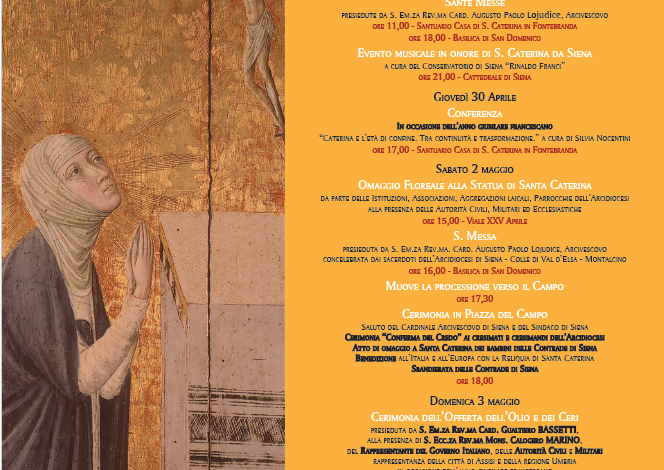Siena: Festa di Santa Caterina, dal 29/4 al via le celebrazioni nell’Anno del Giubileo Francescano