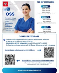 Aperti i bandi per i corsi OSS dell’Asl Toscana sud est Domande online entro le ore 12 di lunedì 14 settembre 2026 tramite il portale Estar