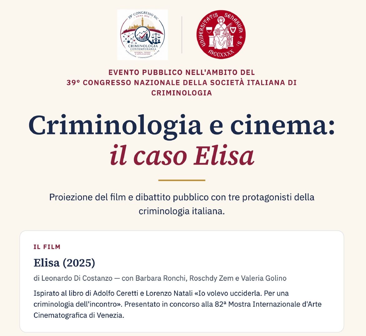 Università di Siena, al Rettorato l’evento pubblico “Criminologia e cinema: il caso Elisa”